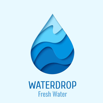 Water drop logo design template. Vector abstract waterdrop paper cut style logotype. Save water - ecology concept