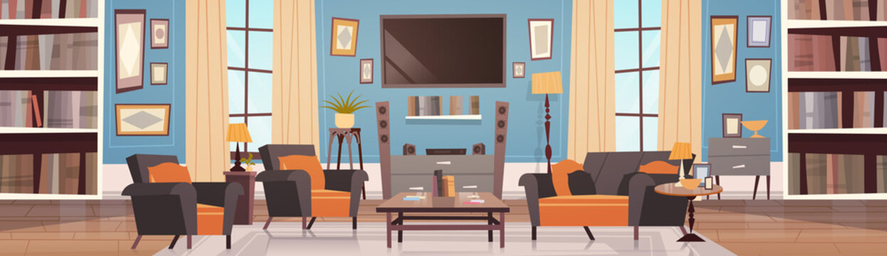 Cozy Living Room Interior Design With Modern Furniture, Windows, Sofa, Table Armchairs, Bookcase And Tv Horizontal Banner Flat Vector Illustration