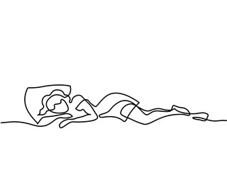 Continuous line drawing. Beautiful woman in sleeping pose on pillow. Vector illustration