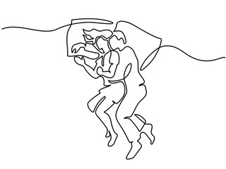 Continuous line drawing. Beautiful couple in sleeping pose on pillows. Vector illustration