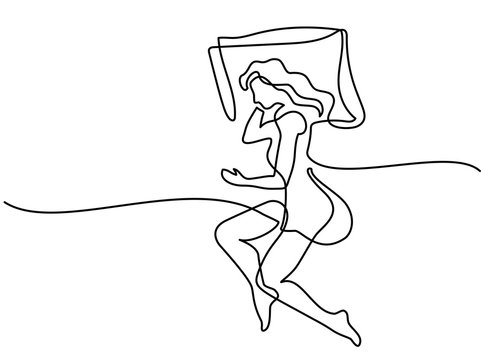 Continuous Line Drawing. Beautiful Woman In Sleeping Pose On Pillow. Vector Illustration