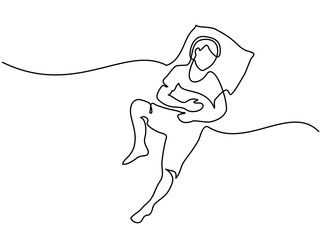 Continuous line drawing. Man in sleeping pose on pillow. Vector illustration
