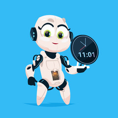 Cute Robot Hold Clock Reminder Robotic Girl Isolated Icon On Blue Background Modern Technology Artificial Intelligence Concept Flat Vector Illustration