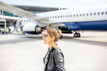 Young woman in leather jacket walking near the airplane outdoors on the airport runway