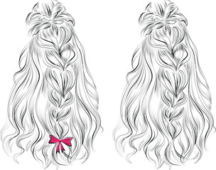 Beautiful woman long hair, braid hairstyle with a pink bow vector illustration. Fashion, hairstyle icon. - 178714179