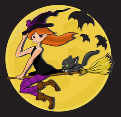 Векторное изображение ведьма на метле с котом.