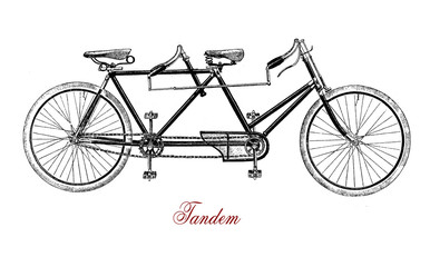 Tandem, bike for two, XIX century engraving