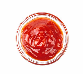 Tasty ketchup in bowl isolated on white;topview