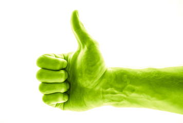 Like concept. Voting hand on blue background. One hand making thumb up gesture