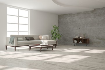 Naklejka na ściany i meble Idea of white minimalist room with sofa. Scandinavian interior design. 3D illustration