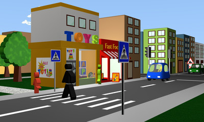 Fototapeta premium belebte Straße mit einem Fußgängerüberweg und Geschäften.
