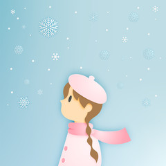 Fototapeta na wymiar Cute girl and snow flake with paper art style