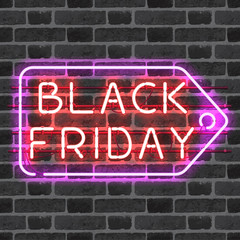 Obraz premium BLACK FRIDAY price tag neon sign isolated on brick wall. Shining and glowing neon effect. All elements are separate units with wires, tubes, brackets and holders.