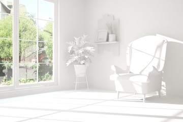 Idea of white room with armchair and summer landscape in window. Scandinavian interior design. 3D illustration