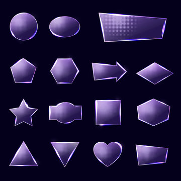 Violet glass plates set. Triangle square rectangle hexagon, pentagon, star, heart, circle textured frames with glow and light on deep blue background. Technology shapes. Realistic vector illustration.