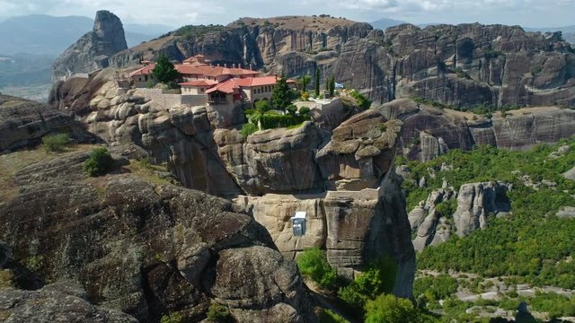 Aerial shot of Meteora, a rock formation in central Greece hosting one of the largest  complexes of Eastern Orthodox monasteries