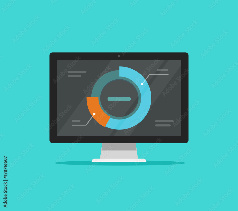 Poster computer data analytics vector illustration, flat design desktop monitor with research information g