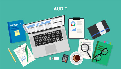 Audit, top view of a desk with a computer, notepad, documents, reports, smartphone, pens and pencils. Vector illustration in flat style, template for business