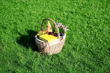 Fototapeta na wymiar Wicker basket with picnic stuff on green grass