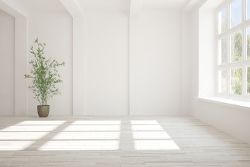 White empty room with summer landscape in window. Scandinavian interior design. 3D illustration