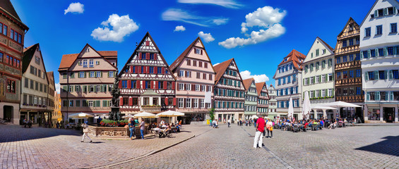 Panorama vom Marktplatz in Tübingen am Neckar, Schwarzwaldkreis  - obrazy, fototapety, plakaty