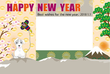 犬と松と桜と富士山の写真フレームの戌年の年賀状テンプレート