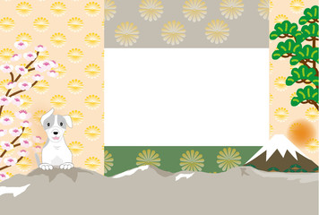 犬と松と桜と富士山の写真フレームの葉書テンプレート