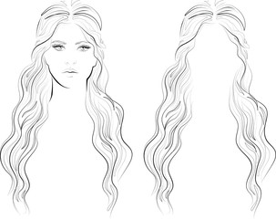 Beautiful woman with long wavy hair hairstyle vector illustration. Fashion, hairstyle icon.