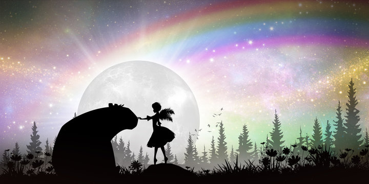 Fairy and Bear cartoon characters in the real world silhouette art photo manipulation