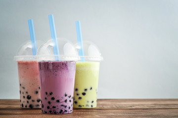 Various Bubble Tea in a plastic cups