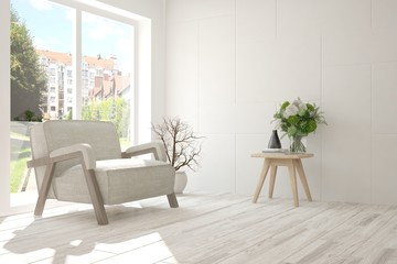 Fototapeta premium Idea of white room with armchair and summer landscape in window. Scandinavian interior design. 3D illustration