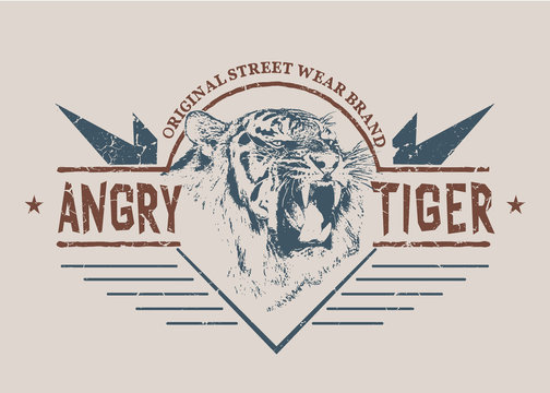 Angry Tiger Graphic Retro Label.Prints Vector Design For T-shirt Or Other Wear