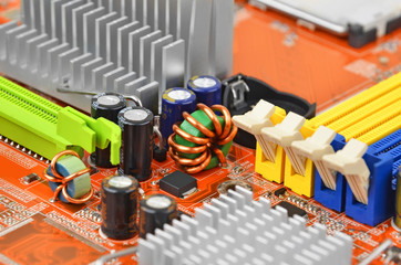 Orange computer motherboard