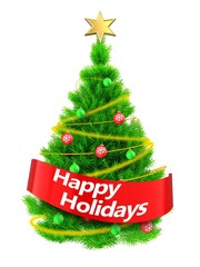 3d neon green Christmas tree with happy holidays sign