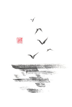 Flying sea gulls Japanese style original sumi-e ink painting.