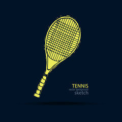 Tennis racket, sketch. Vector illustration, hand drawing, print on the T-shirt.