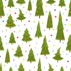 Seamless pattern with christmas tree in cartoon style, vector illustration on white background.