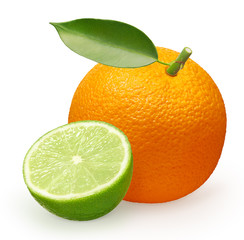 Orange fruit with green leaf and half of lime