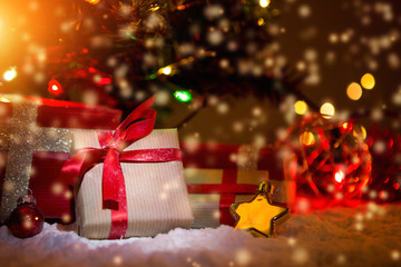 Christmas background with christmas balls, gifts and decoration