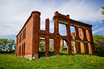Ruined mansion of red brick in the countryside of Voronezh region