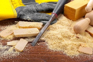 blade of sharp chisels with sawdust