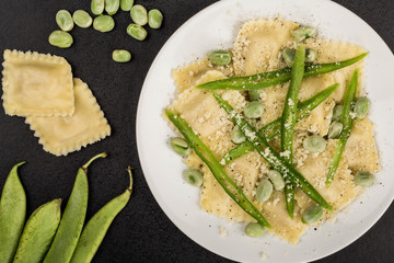 Italian Style Chicken and Pancetta Ravioli Pasta With Green Beans