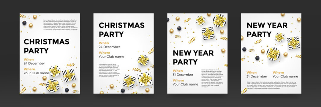 Christmas, New Year party invitation poster design for winter holiday celebration. Vector golden present gift, glittering star snowflake confetti or gold Xmas decorations on white background