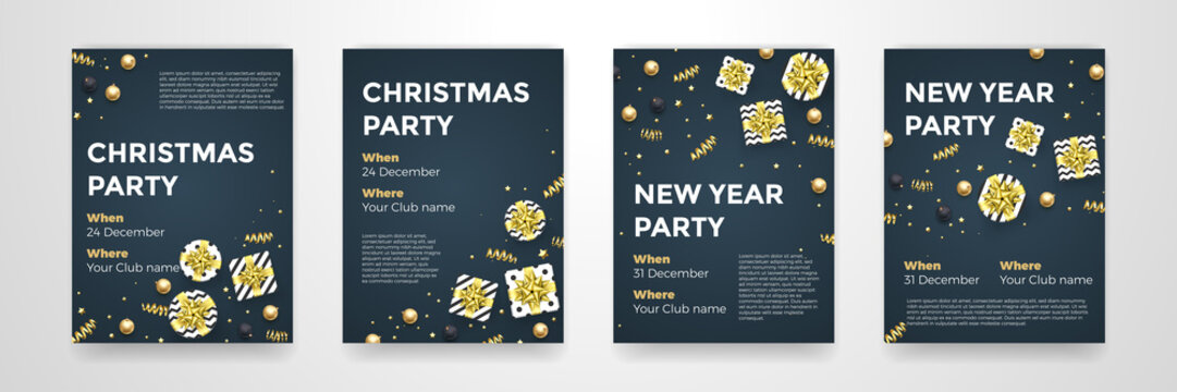 Christmas, New Year winter holiday party posters design template of golden glittering Xmas decorations. Vector confetti and present in gold star ribbon bow for invitation card black background