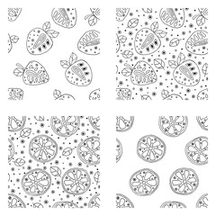 Set of seamless vector hand drawn childish patterns with fruits. Cute childlike strawberry, orange with leaves, seeds, drops. Doodle, sketch, cartoon style background. Line drawing