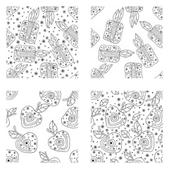 Fototapeta premium Set of seamless vector hand drawn childish patterns with fruits. Cute childlike pineapple, cherry with leaves, seeds, drops. Doodle, sketch, cartoon style background. Line drawing