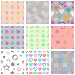 Set of seamless vector geometrical patterns with different geometric figures, forms. pastel endless background with hand drawn textured geometric figures. Graphic vector illustration