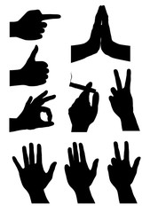 Set of black vector hand gesture silhouettes isolated on white background