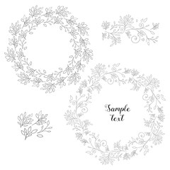 Black and white vector floral wreath collection. Brush elements included. Set of isolated borders. Suitable for greeting cards, wedding invitations, websites.