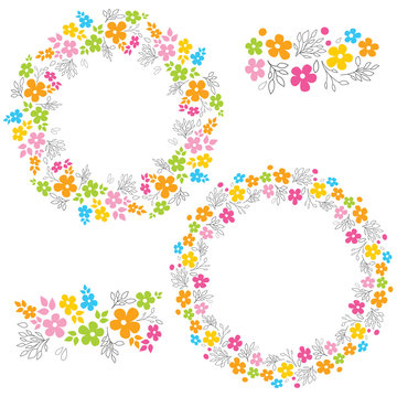 Colorful vector floral wreath collection. Brush elements included. Bright colors flowers and leaves. Suitable for greeting cards, wedding invitations, websites.